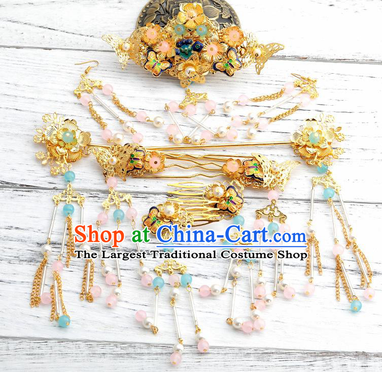 Handmade Chinese Wedding Blueing Butterfly Hair Combs Tassel Hairpins Ancient Traditional Hanfu Hair Accessories for Women