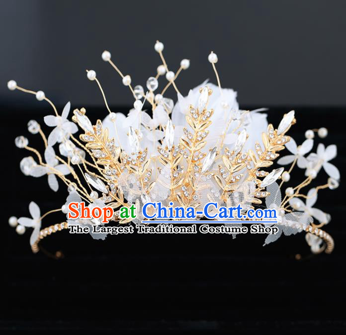 Top Grade Handmade Baroque Princess White Feather Royal Crown Wedding Bride Hair Accessories for Women