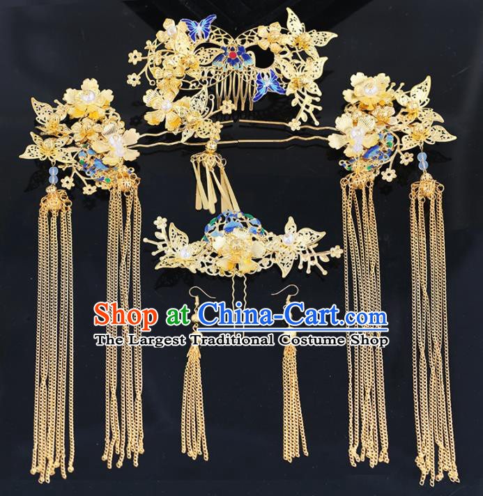 Handmade Chinese Ancient Wedding Bride Blueing Butterfly Hair Combs Tassel Hairpins Traditional Hanfu Hair Accessories for Women