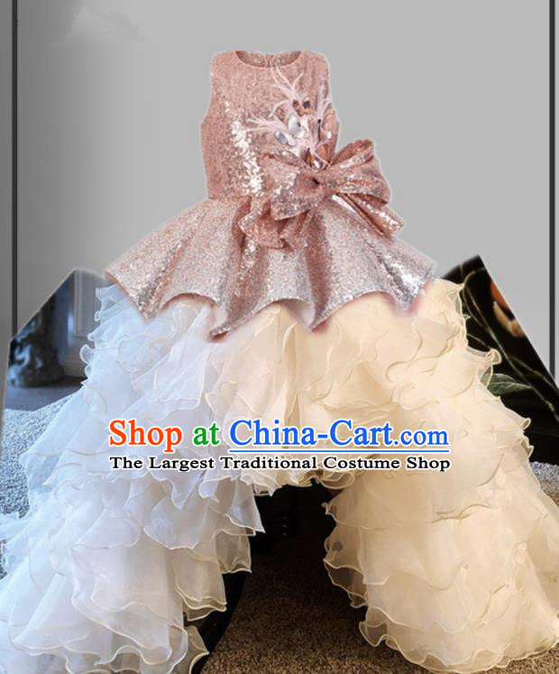 Top Grade Stage Show Costume Catwalks Princess Pink Paillette Trailing Dress for Kids