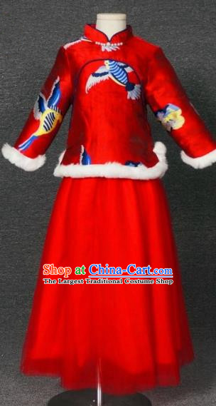 Top Grade Chinese Stage Performance Red Costume Catwalks Dance Embroidered Full Dress for Kids