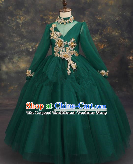 Professional Girls Compere Embroidered Deep Green Full Dress Modern Fancywork Catwalks Stage Show Costume for Kids