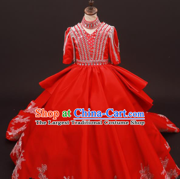 Professional Girls Compere Crystal Red Full Dress Modern Fancywork Catwalks Stage Show Costume for Kids