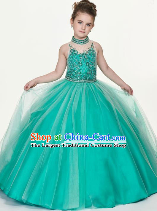 Professional Girls Compere Green Veil Long Full Dress Modern Fancywork Catwalks Stage Show Costume for Kids