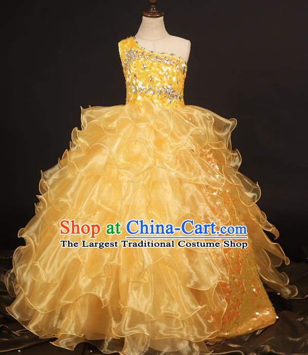 Professional Girls Catwalks Waltz Dance Yellow Veil Dress Modern Fancywork Compere Stage Show Costume for Kids