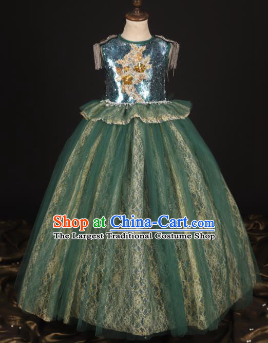 Professional Catwalks Stage Show Dance Green Veil Dress Modern Fancywork Compere Court Princess Costume for Kids