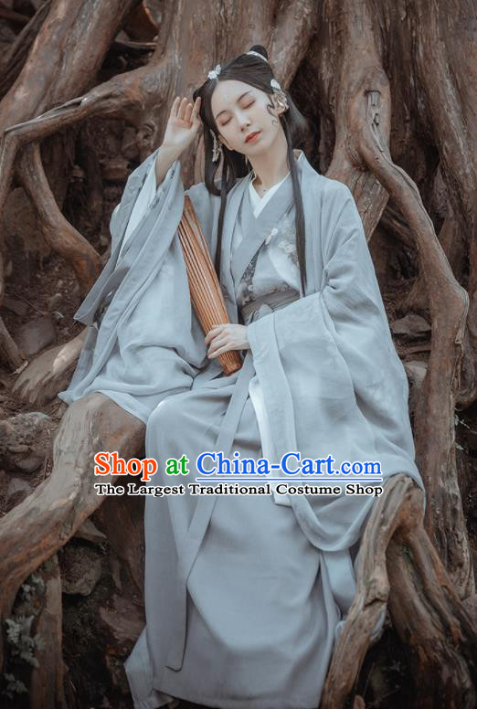 Chinese Traditional Ancient Female Swordsman Grey Hanfu Dress Jin Dynasty Court Princess Historical Costume for Women