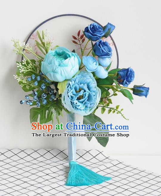 Handmade Chinese Classical Wedding Palace Fans Bride Holding Blue Peony Round Fans for Women