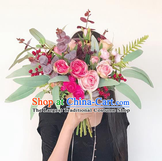 Handmade Classical Wedding Bride Holding Emulational Flowers Pink Rose Flowers Ball Hand Tied Bouquet Flowers for Women
