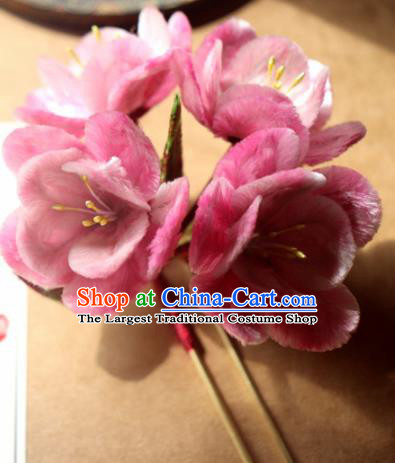 Chinese Handmade Pink Velvet Peach Blossom Hairpins Ancient Palace Headwear for Women