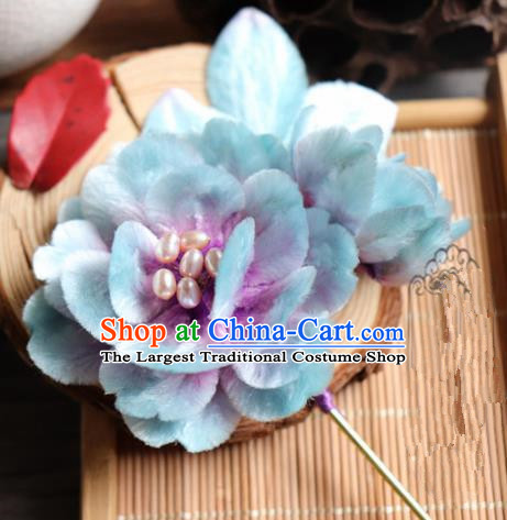 Chinese Handmade Blue Velvet Peony Hairpins Ancient Palace Headwear for Women