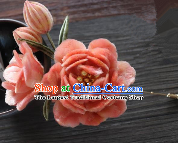 Chinese Handmade Orange Velvet Peony Hairpins Ancient Palace Queen Hair Accessories Headwear for Women