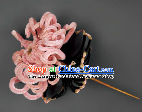 Chinese Handmade Pink Velvet Chrysanthemum Hairpins Ancient Palace Queen Hair Accessories Headwear for Women