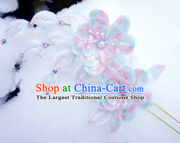 Chinese Handmade Palace Blue Plum Blossom Velvet Hairpins Ancient Queen Hair Accessories Headwear for Women