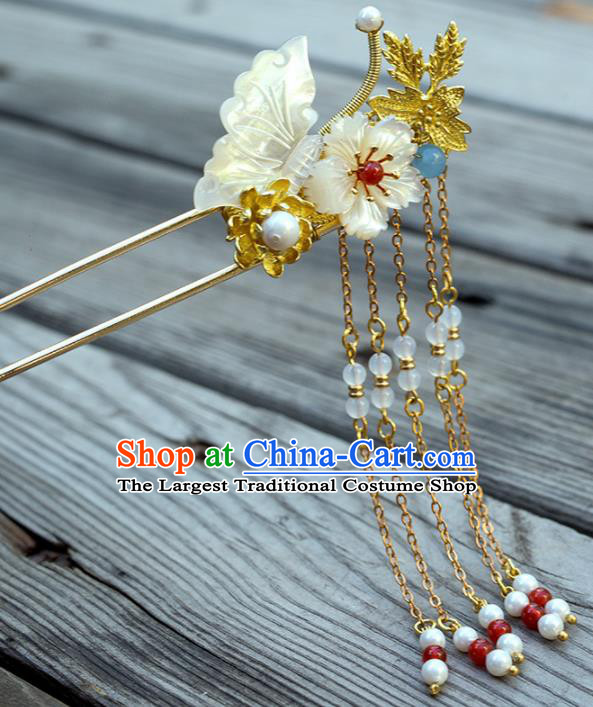 Chinese Handmade Hanfu Shell Butterfly Tassel Hairpins Ancient Princess Hair Accessories Headwear for Women