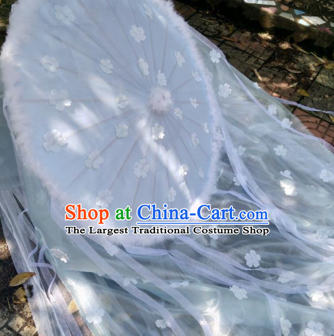 Chinese Traditional White Ribbon Tassel Umbrella Ancient Princess Umbrella for Women