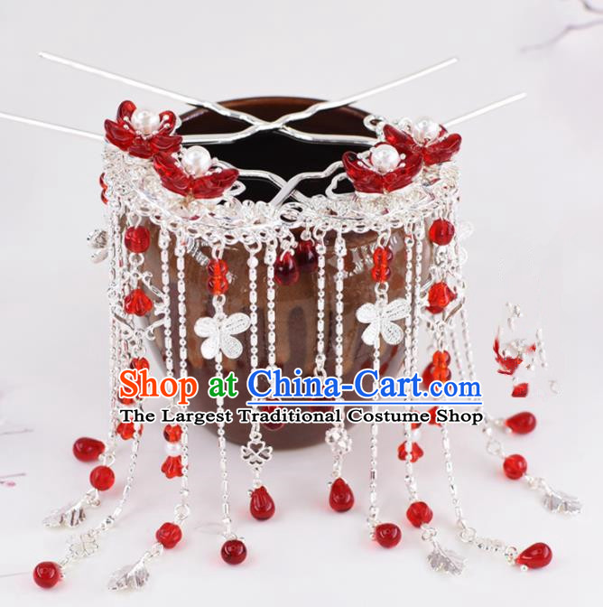 Chinese Handmade Palace Red Flowers Tassel Hairpins Ancient Princess Hanfu Hair Accessories Headwear for Women