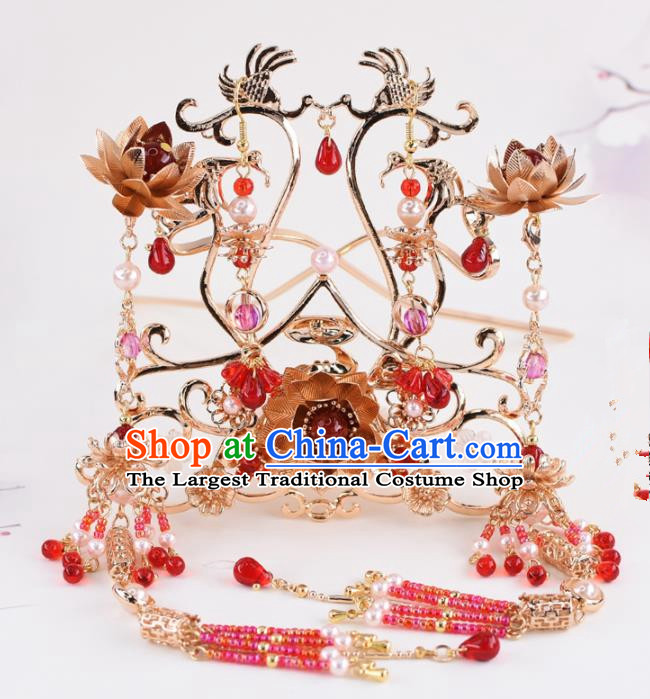 Chinese Handmade Palace Red Beads Tassel Hair Crown Hairpins Ancient Princess Hanfu Hair Accessories Headwear for Women