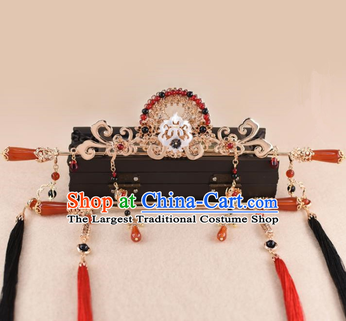 Chinese Handmade Palace Hair Crown Red Agate Hairpins Ancient Princess Hanfu Hair Accessories Headwear for Women