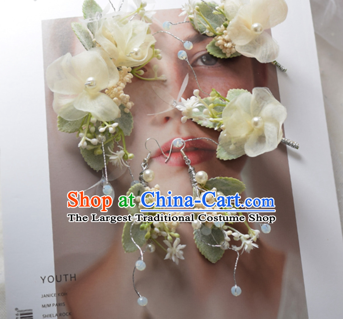 Romantic Handmade Flower Head Gear Garland Hair Jewelries and Earrings Complete Set for Women