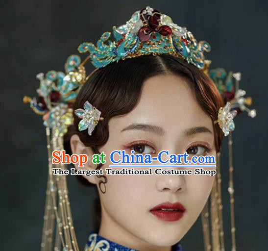Chinese Handmade Palace Cloisonne Phoenix Coronet Hairpins Ancient Princess Hanfu Hair Accessories Headwear for Women