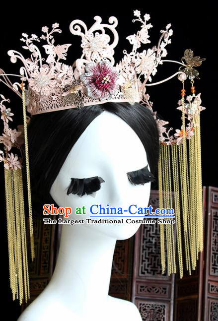 Chinese Handmade Palace Pink Phoenix Coronet Hairpins Ancient Princess Hanfu Hair Accessories Headwear for Women