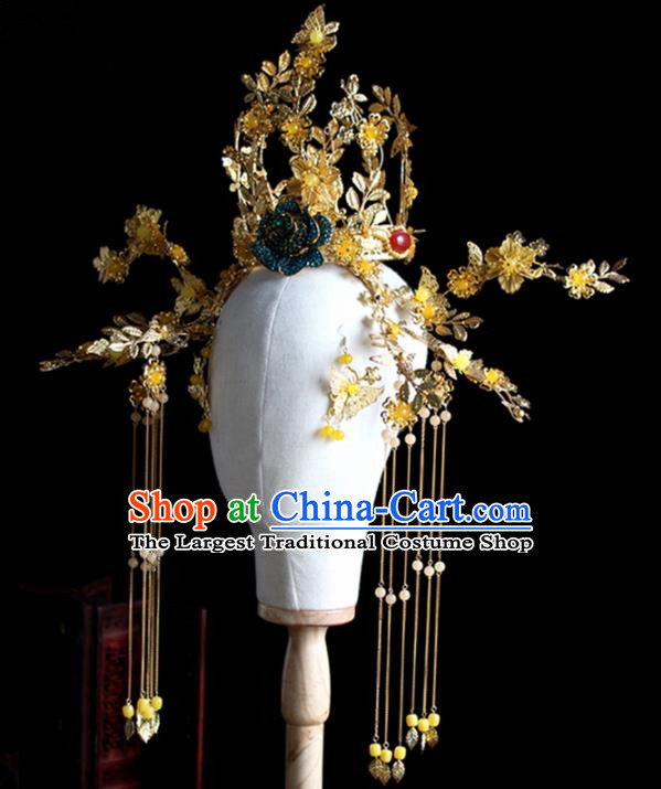 Chinese Handmade Palace Queen Golden Phoenix Coronet Hairpins Ancient Hair Accessories Headwear for Women