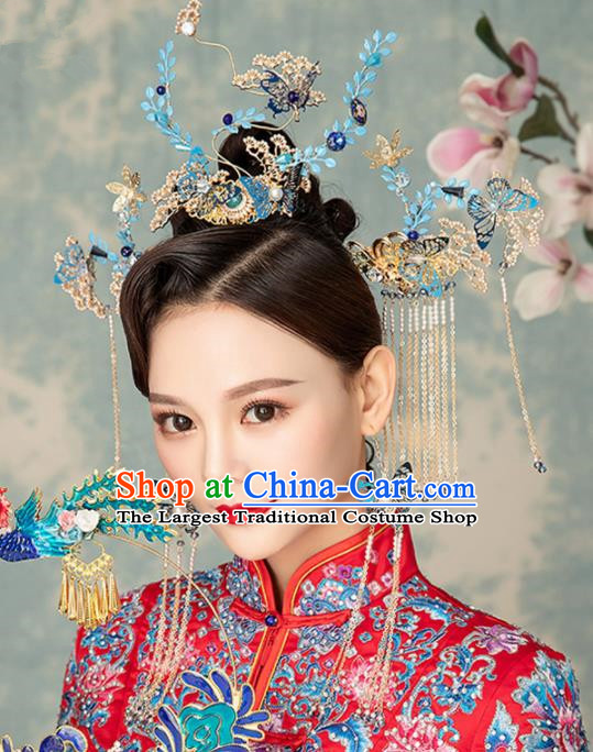 Chinese Handmade Palace Queen Cloisonne Leaf Phoenix Coronet Hairpins Ancient Hair Accessories Headwear for Women