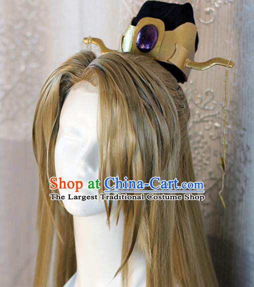 Chinese Traditional Cosplay Prince Golden Wig Ancient Swordsman Wig Sheath for Men