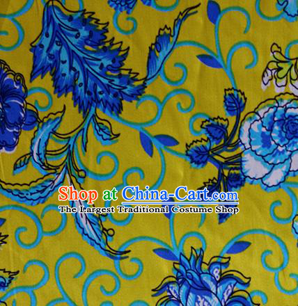 Chinese Traditional Fabric Cheongsam Printing Peony Yellow Brocade Material Hanfu Classical Satin Silk Fabric