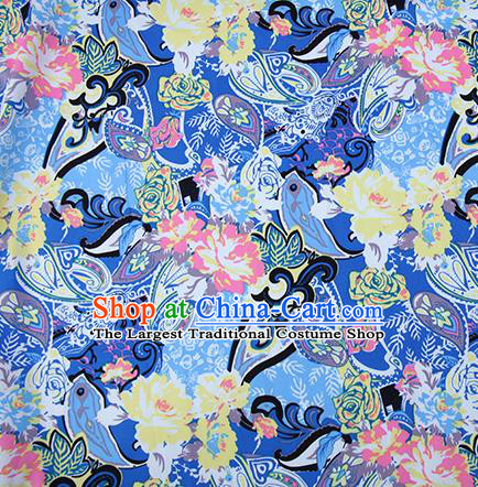 Chinese Traditional Fabric Cheongsam Printing Peony Blue Brocade Material Hanfu Classical Satin Silk Fabric