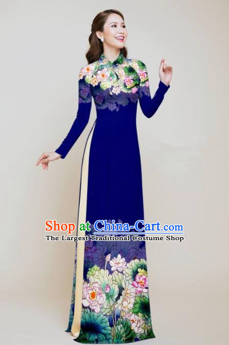 Vietnam Traditional Costume Printing Lotus Navy Aodai Cheongsam Asian Vietnamese Bride Classical Qipao Dress for Women