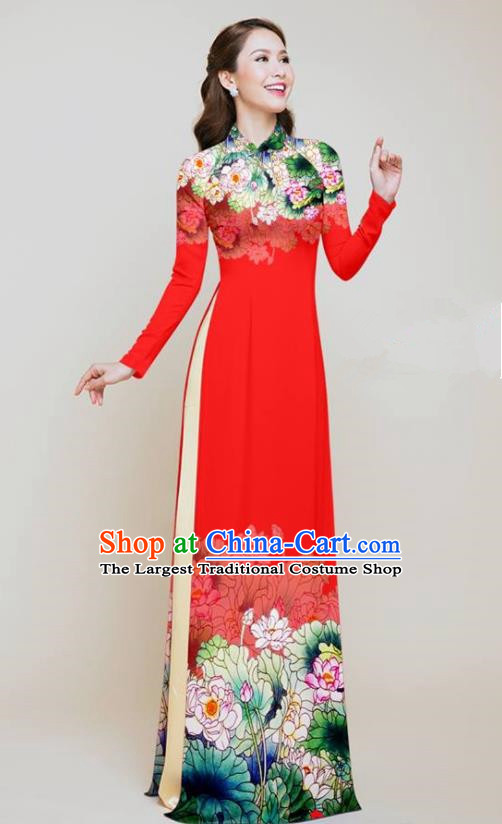 Vietnam Traditional Costume Printing Lotus Red Aodai Cheongsam Asian Vietnamese Bride Classical Qipao Dress for Women