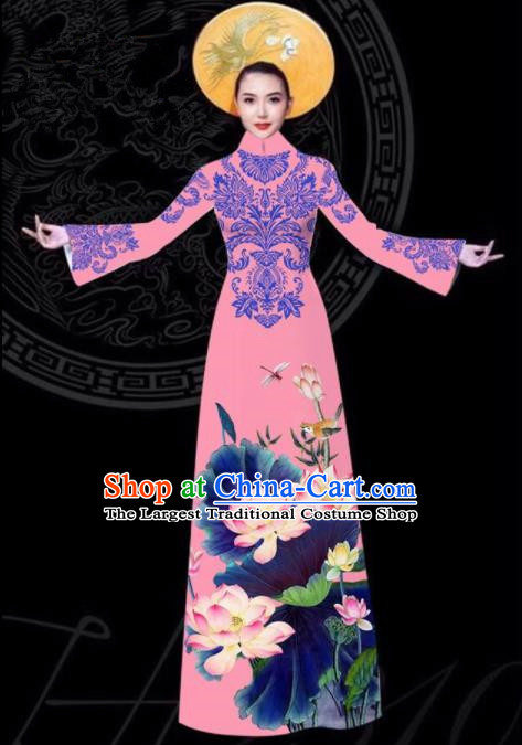 Vietnam Traditional Court Printing Lotus Pink Aodai Cheongsam Asian Vietnamese Queen Classical Qipao Dress for Women