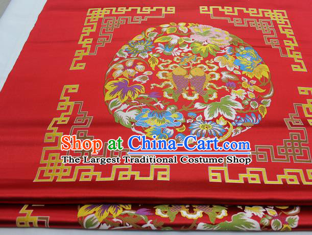 Chinese Traditional Tang Suit Red Brocade Royal Double Fishes Pattern Satin Fabric Material Classical Silk Fabric