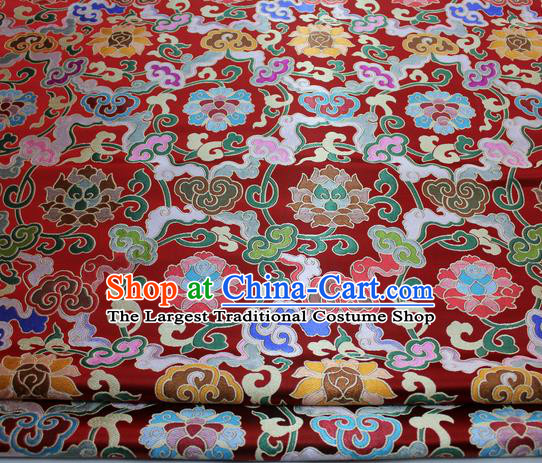 Chinese Traditional Fabric Royal Lotus Pattern Red Brocade Material Hanfu Classical Satin Silk Fabric