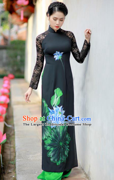 Vietnam Traditional Printing Lotus Black Lace Aodai Cheongsam Asian Vietnamese Bride Classical Qipao Dress for Women
