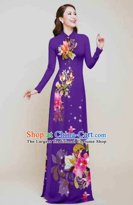 Vietnam Traditional Printing Flowers Purple Aodai Qipao Dress Asian Vietnamese Bride Classical Cheongsam for Women