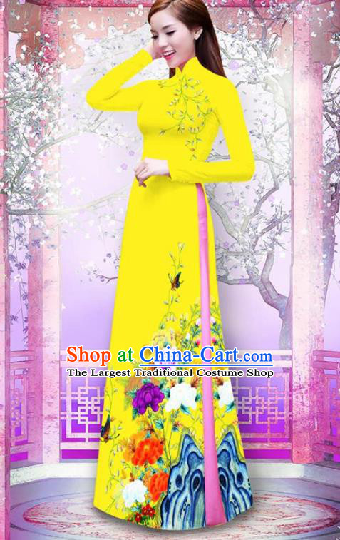 Vietnam Traditional Printing Peony Yellow Ao Dai Dress Asian Vietnamese Bride Classical Cheongsam for Women