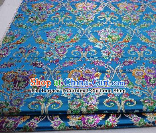 Asian Chinese Traditional Tang Suit Royal Peony Vase Pattern Blue Brocade Satin Fabric Material Classical Silk Fabric
