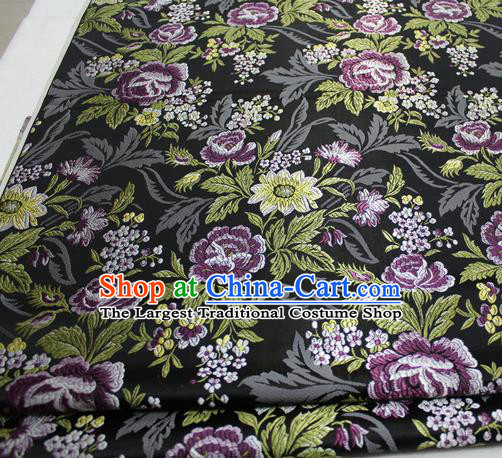 Asian Chinese Traditional Tang Suit Royal Peony Flowers Pattern Black Brocade Satin Fabric Material Classical Silk Fabric