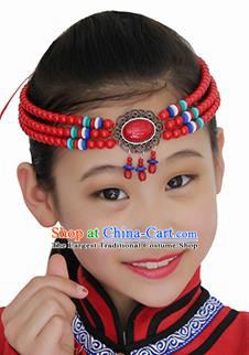 Chinese Mongolian Ethnic Red Beads Tassel Hair Accessories Traditional Mongol Nationality Folk Dance Headband for Kids