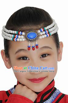 Chinese Mongolian Ethnic White Beads Tassel Hair Accessories Traditional Mongol Nationality Folk Dance Headband for Kids