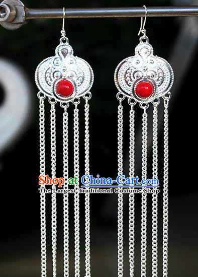 Chinese Mongolian Ethnic Red Bead Ear Accessories Traditional Mongol Nationality Folk Dance Earrings for Women