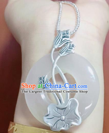 Chinese Mongol Nationality Sliver Carving Lotus White Chalcedony Necklet Pendant Accessories Traditional Mongolian Ethnic Necklace for Women