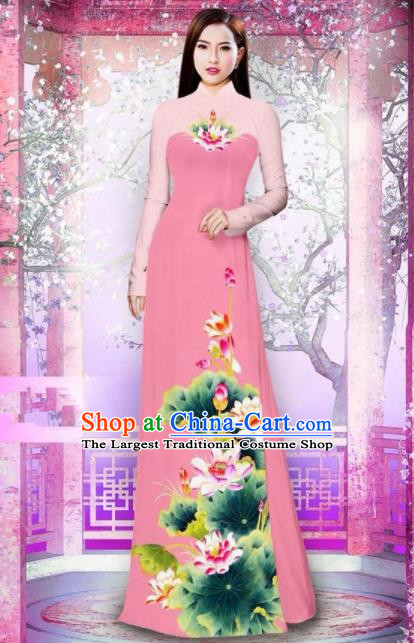 Vietnam Traditional National Printing Lotus Pink Ao Dai Dress Asian Vietnamese Cheongsam for Women