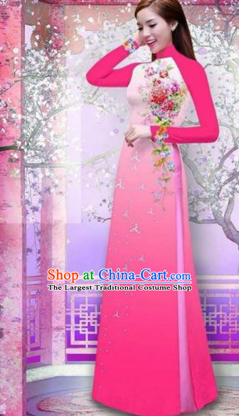 Vietnam Traditional National Printing Rose Flowers Rosy Ao Dai Dress Asian Vietnamese Cheongsam for Women