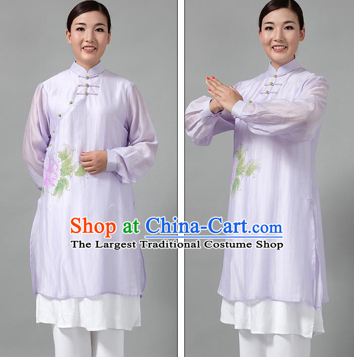 Traditional Chinese Martial Arts Printing Peony Purple Costume Tai Ji Kung Fu Competition Clothing for Women