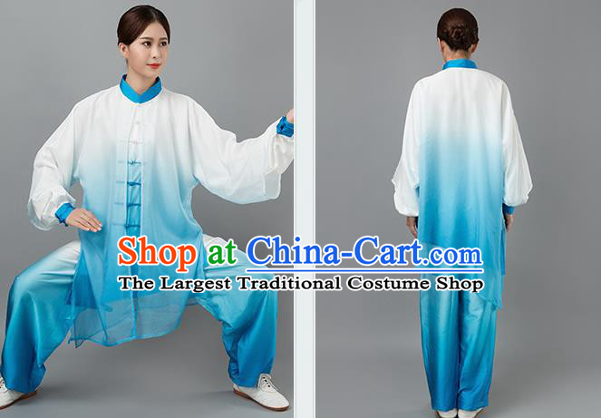 Traditional Chinese Martial Arts Blue Silk Costume Tai Ji Kung Fu Competition Clothing for Women