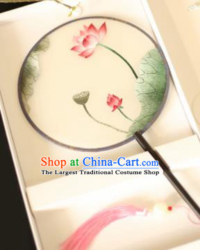 Chinese Traditional Embroidered Lotus Round Fans Classical Hanfu Palace Fans for Women